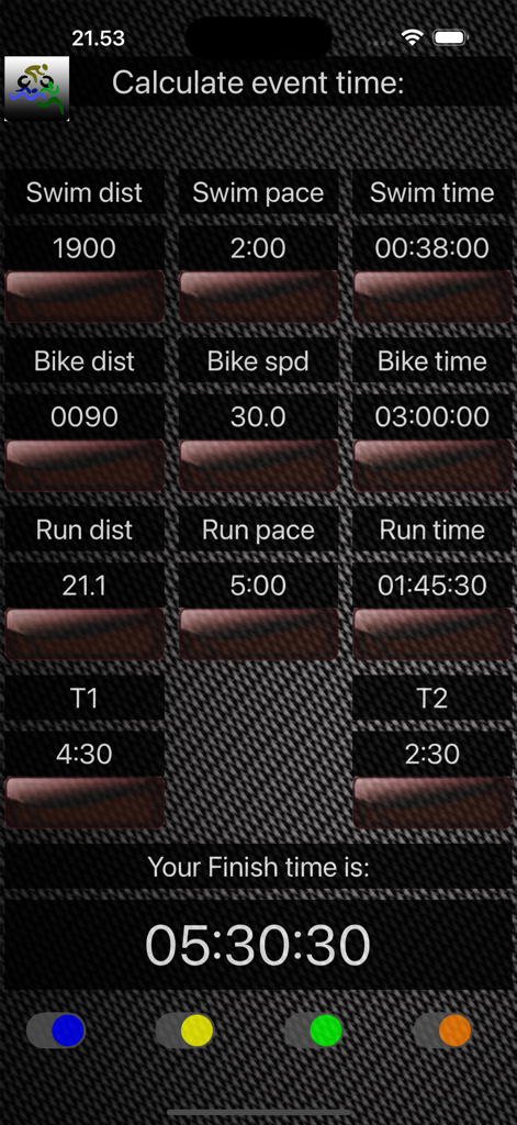 Triathlon-Calc - Oberfläche von Triathlon Calc, die Eingaben für Schwimm-, Rad- und Laufgeschwindigkeit zeigt, mit einer Berechnung der Gesamtendzeit