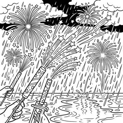 Bring vibrant life to this dynamic scene featuring Roman candles bursting with brilliant stars against a backdrop of pouring rain. It's a celebration of light and weather, perfect for a cozy coloring session.