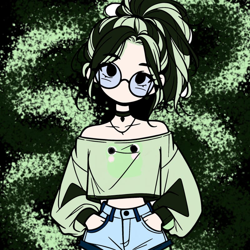 girl with a messy ponytail glasses a baggy crop top and jean shorts