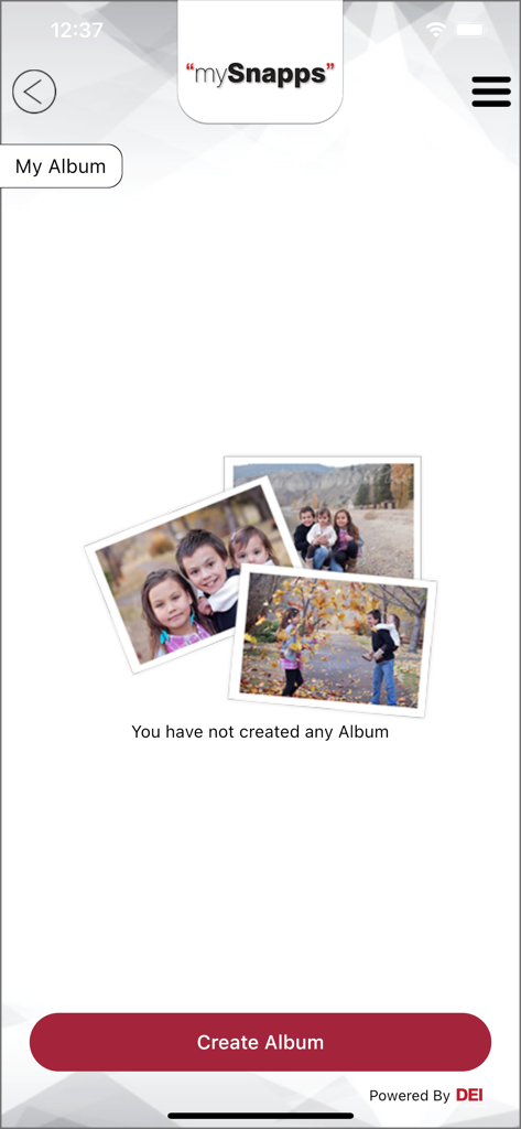 mySnapps - Interfaccia dell'app mySnapps che mostra un album fotografico vuoto con un pulsante per creare un album