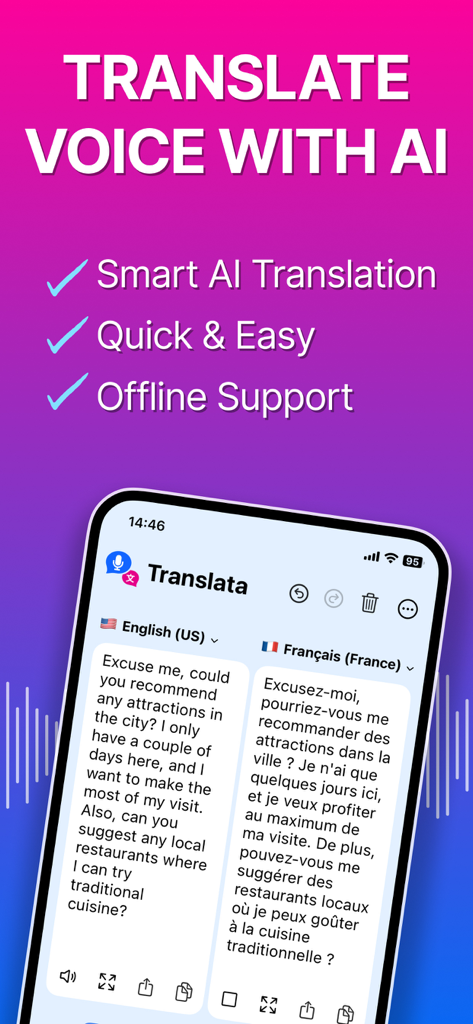 Voice Translator - Translata - Interfaccia dell'app Translata che mostra la traduzione vocale AI dall'inglese al francese con supporto offline