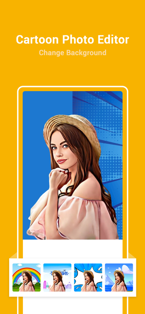 ToonApp - cartoons from photos - ToonApp interface displaying a cartoon photo editor with different background templates for a stylized portrait