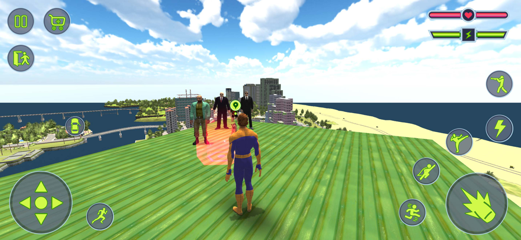 Spider Superhero Open World 3D - 屋上にいるヒーローキャラクターが、3Dオープンワールドゲームで敵と対峙している
