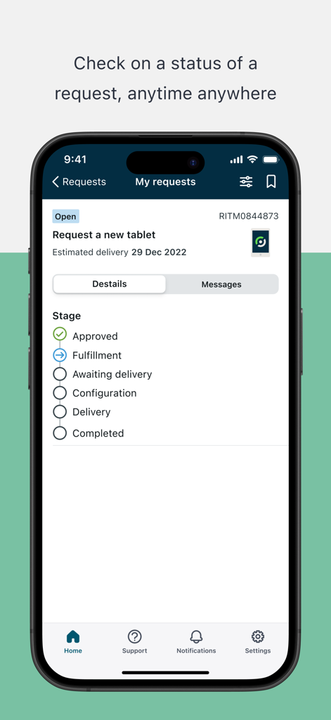 Now Mobile - Interface de l'application Now Mobile suivant le statut d'une demande informatique pour une nouvelle tablette