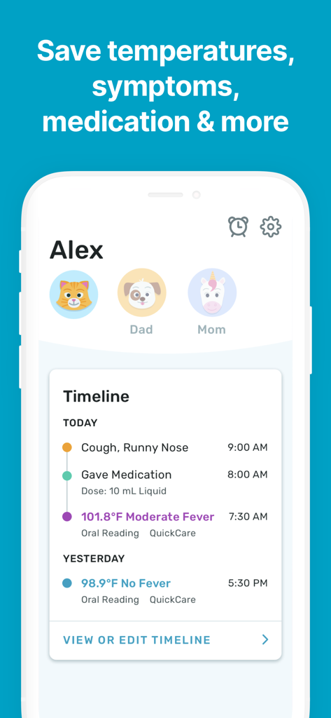 Kinsa app interface showing a detailed health timeline with fever readings, medication doses, and symptoms for a child