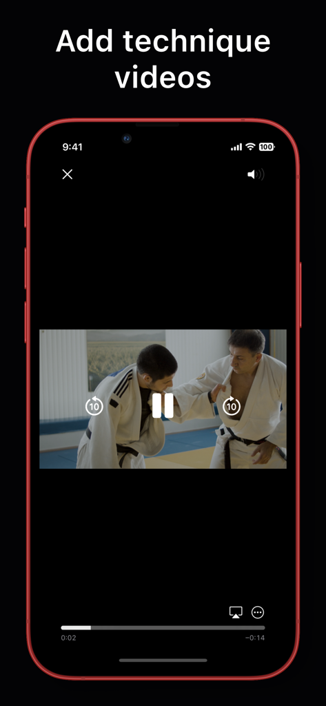 Martial Arts Training Journal - A mobile app interface displaying a martial arts technique video with playback controls.