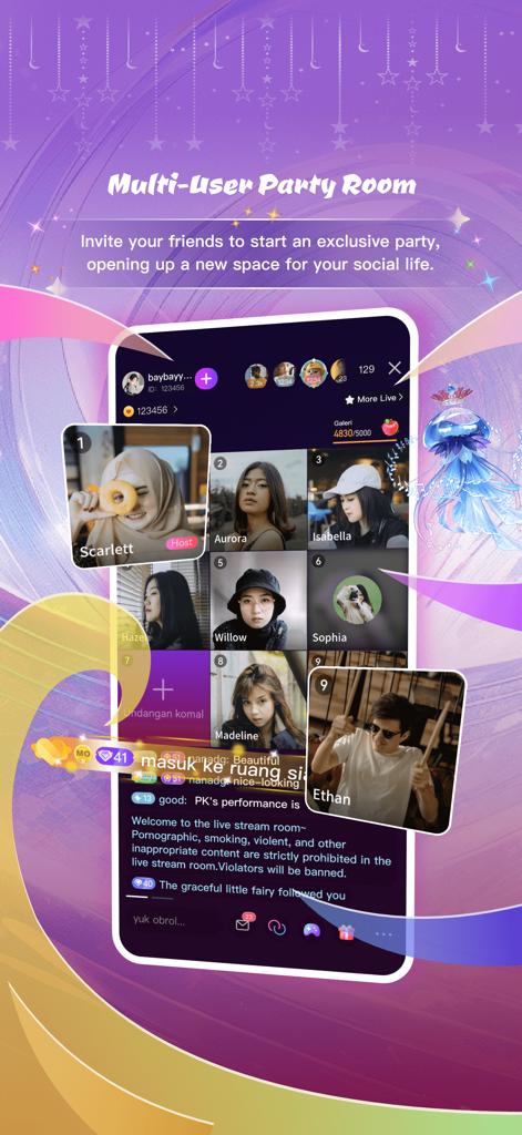 A screenshot of the Momo Live app showing the multi user party room feature with a grid of several people in a group video chat.