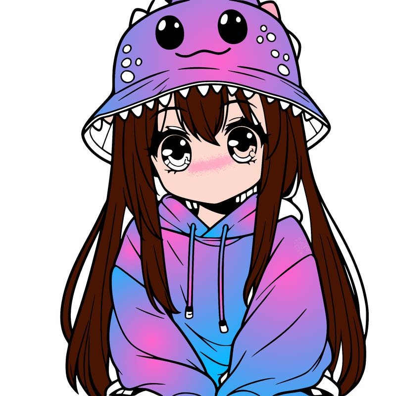 girl with anime shaped eyes with a dinosaur bucket hat oversized sweatshirt long straight hair