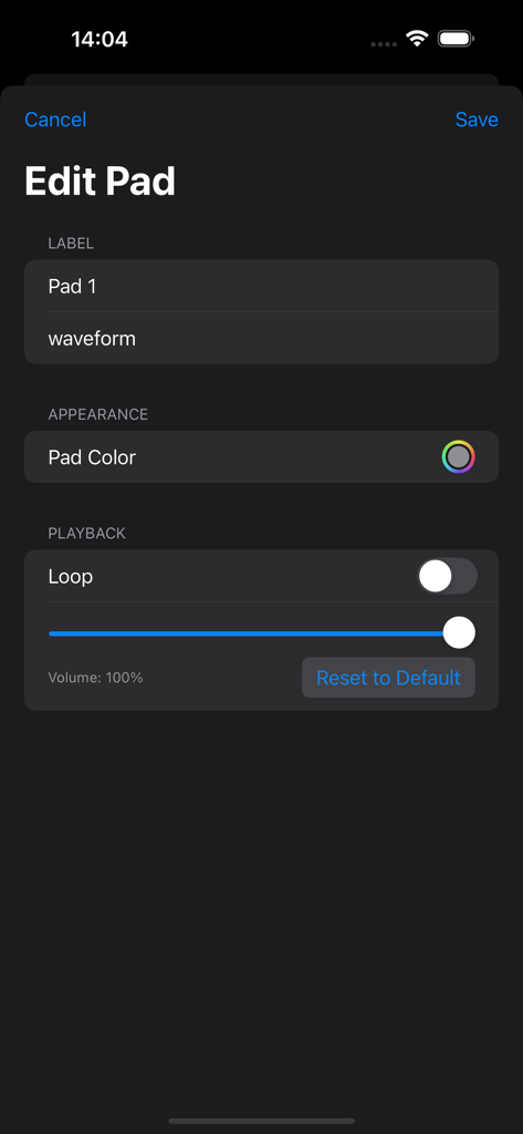 ラベルの編集、色の変更、ルーピングや音量などの再生設定の調整オプションを備えたサウンドパッドのカスタマイズ用インターフェース