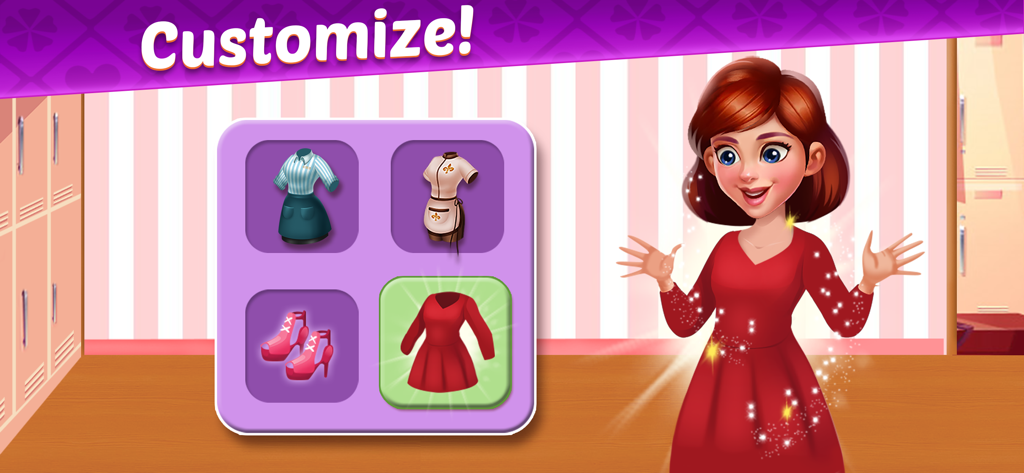 Cooking Journey: Cooking Games - Schermata di personalizzazione del personaggio in Cooking Journey che mostra la Star Chef Ashley mentre sceglie diversi abiti e accessori