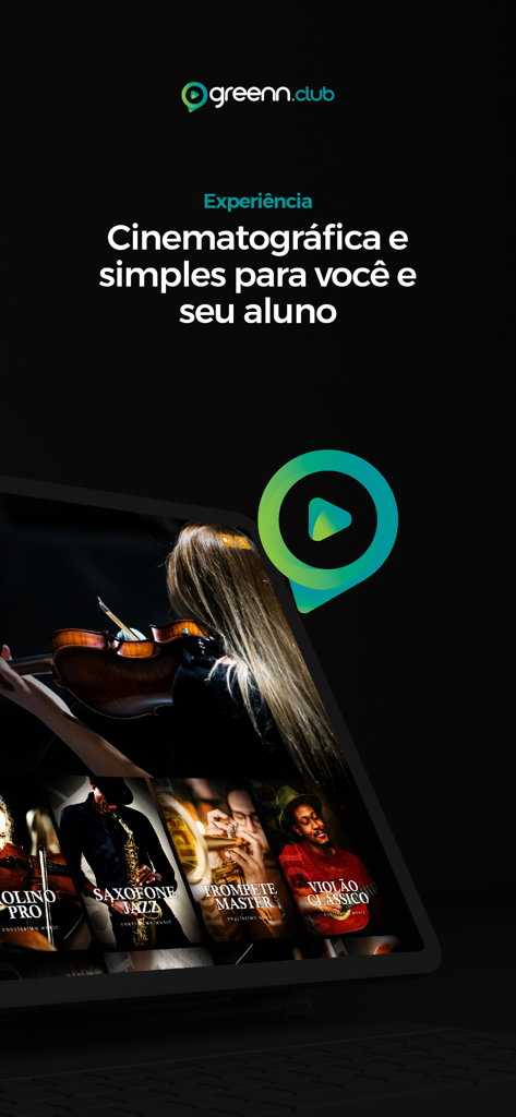 Greenn Club - Greenn Club app interface showing cinematic music masterclasses on a tablet