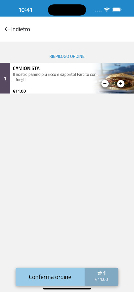 Funivie Lagorai Chalet - Funivie Lagorai Chalet 앱의 주문 요약 화면으로 샌드위치와 주문 확인 버튼이 표시됨