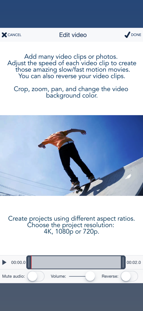 Interfaccia dell'app Videocraft che mostra strumenti di editing video per slow motion, video al contrario e impostazioni di risoluzione del progetto con un'anteprima di uno skater.