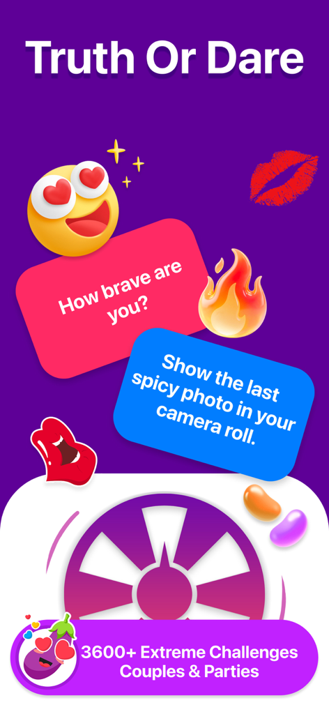 Truth or Dare?Spicy Dirty game - Pantalla de la aplicación móvil Verdad o Reto con retos picantes y una ruleta para juegos de fiesta y parejas.