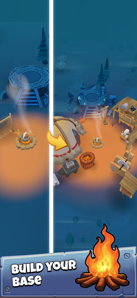 Side by side comparison of a simple campfire and an advanced survival camp in Dark Forest Survivor.