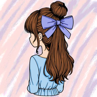 realistic girl  with hip length hair a bun and a big bow on the back of head