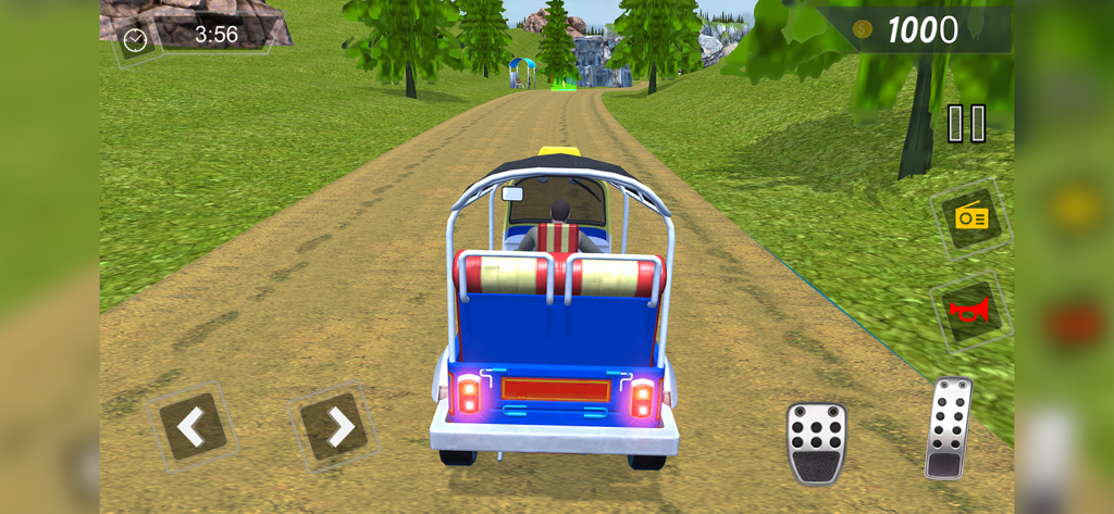 Gameplay screenshot showing a blue Tuk Tuk driving on a mountain dirt road in a taxi simulator