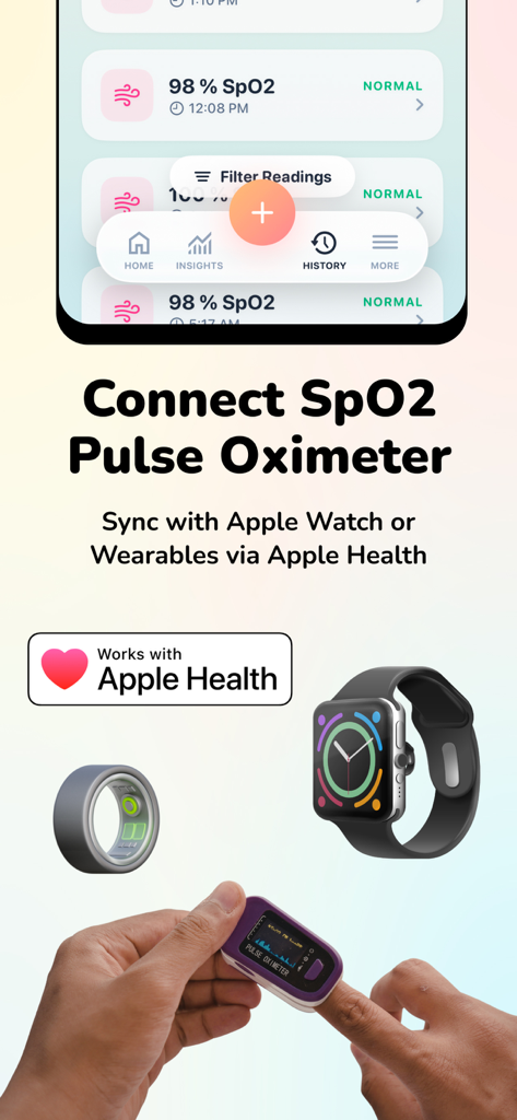 Blood Oxygen Monitor - OxyByte - OxyByte app interface showing blood oxygen monitoring with Apple Watch and pulse oximeter synchronization via Apple Health.
