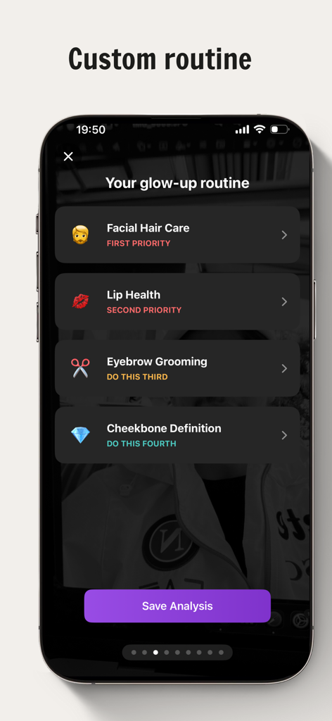 U Max: AI Looksmax Face Rating - 우선순위가 지정된 그루밍 및 얼굴 관리 단계를 특징으로 하는 U Max 앱의 개인 맞춤형 외모 개선 루틴