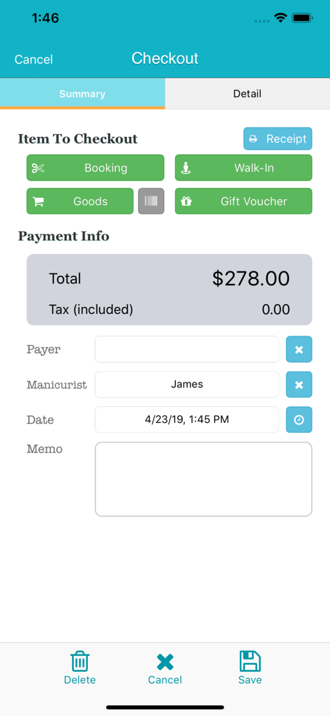 TapNail mobile app checkout screen showing payment summary and service details