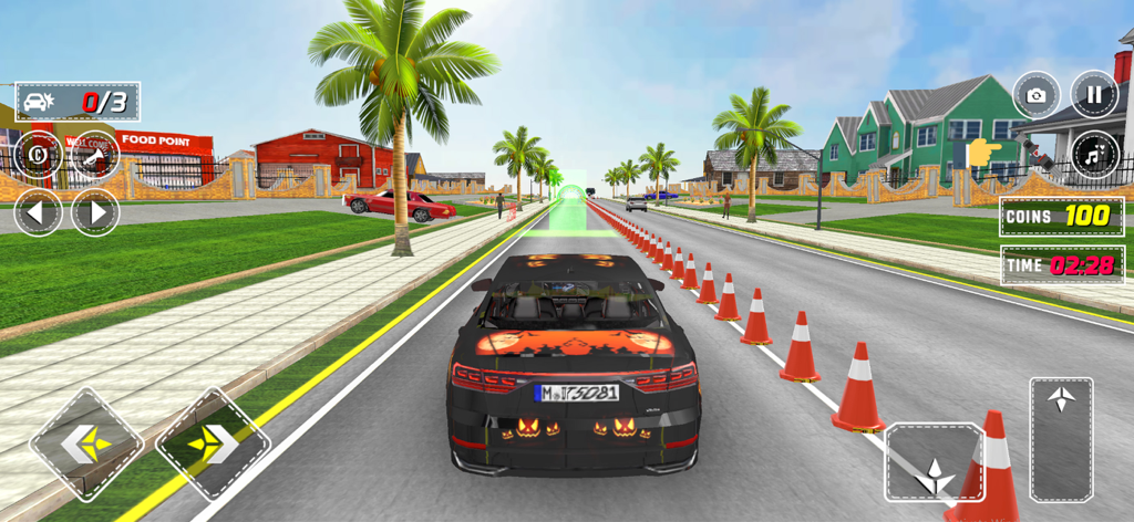 Legend Car Driving School Game - Un coche negro conduciendo a través de un circuito de conos de tráfico naranjas en una calle suburbana en un juego de simulador de conducción.