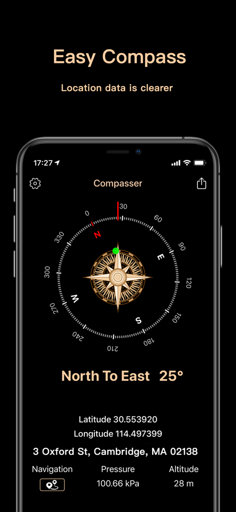 Compasserアプリのインターフェース。コンパスの方位、GPS座標、高度が表示されています。