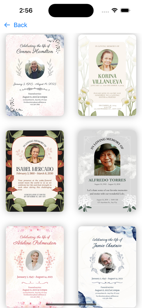 A selection of professionally designed funeral poster and memorial announcement templates