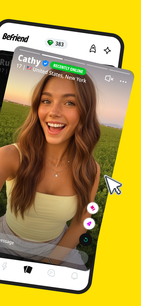 A user profile on the BeFriend app showing a teenage girl from New York with a swipe to connect interface