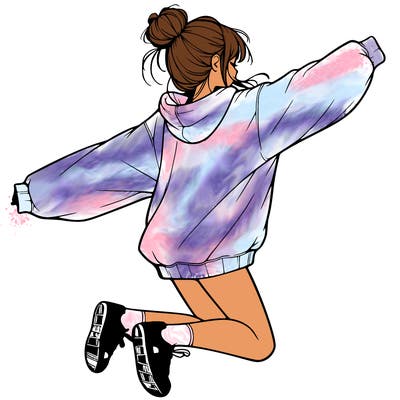 realistic girl jumping with a bun and oversized sweatshirt