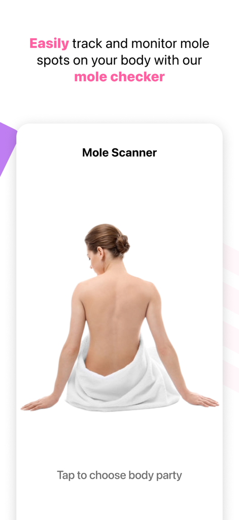 The Skincare Scanner - Derma - Interface of the Derma app mole scanner showing a woman's back to select body parts for skin tracking