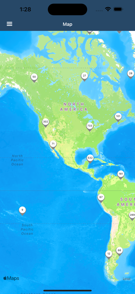 Mapa que muestra las ubicaciones y agrupaciones de aeropuertos en las Américas en la aplicación NOAA AWC Aviation Weather PRO