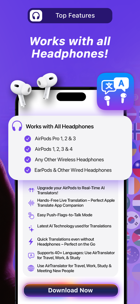 Écran de l'application AirTranslator affichant les principales fonctionnalités et la compatibilité avec tous les AirPods et autres écouteurs sans fil ou filaires pour la traduction IA.