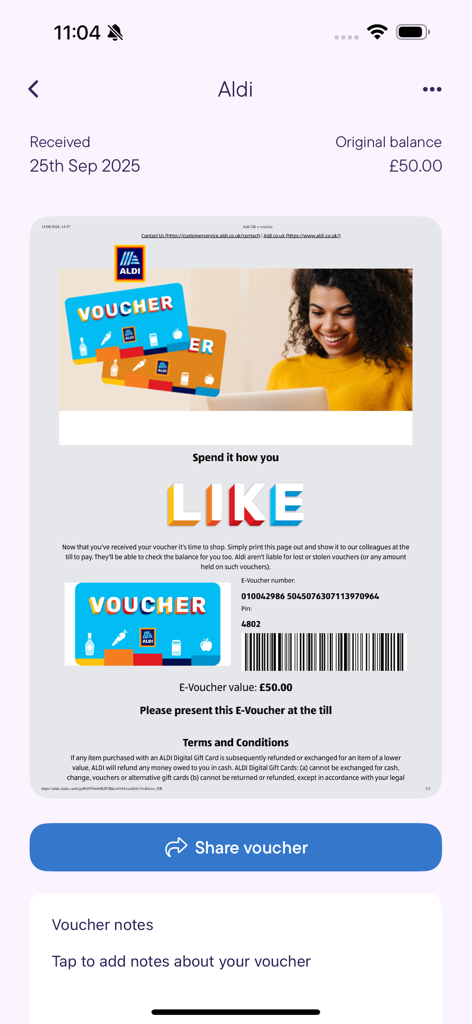 Evouchers.com - バーコードと50ポンドの残高が表示されたAldiのデジタルバウチャーを示すモバイル画面。