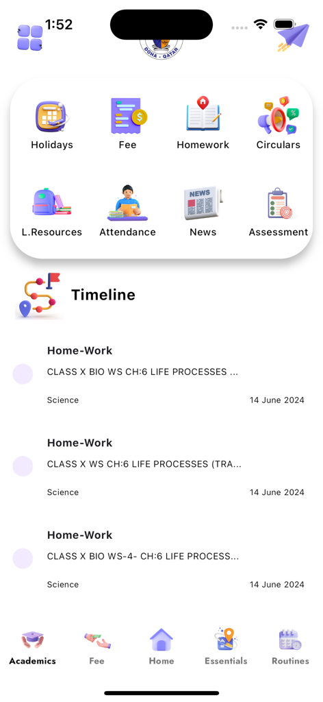 Dashboard of the MES School Qatar mobile app showing parent portal features including homework timeline, attendance, and fee management.
