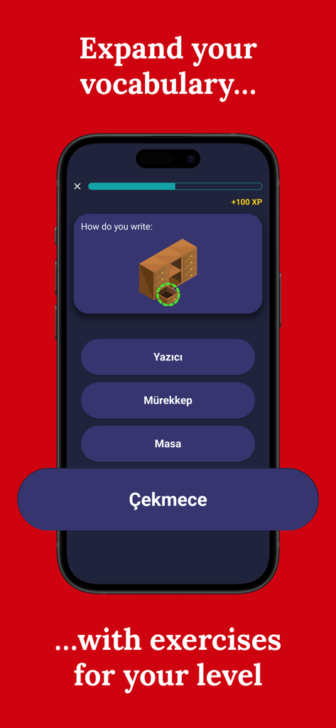 A vocabulary exercise in the Learn Turkish app showing a multiple choice question to identify the word for drawer