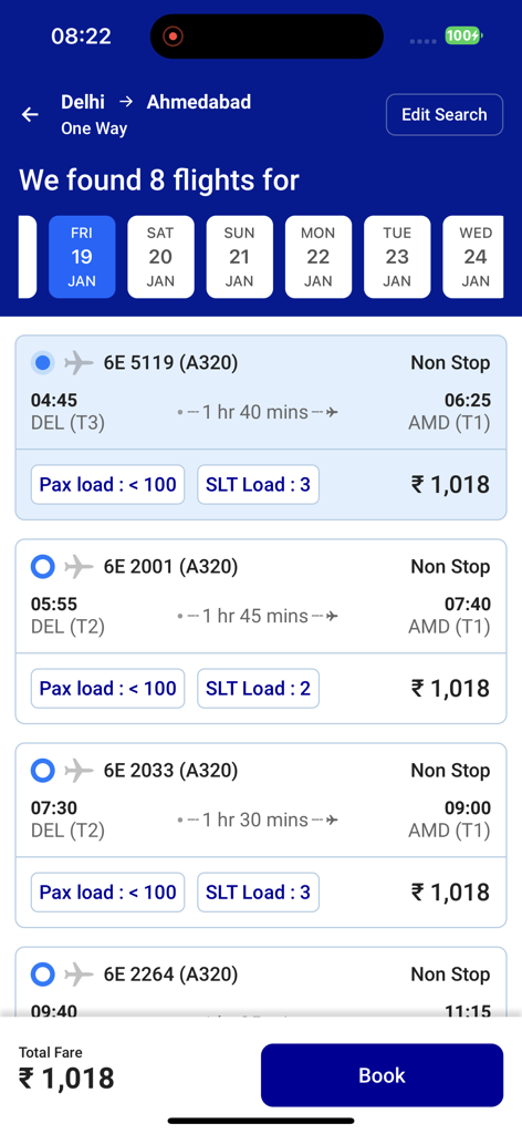 Indigo staff travel app flight results screen showing flight times and passenger loads.