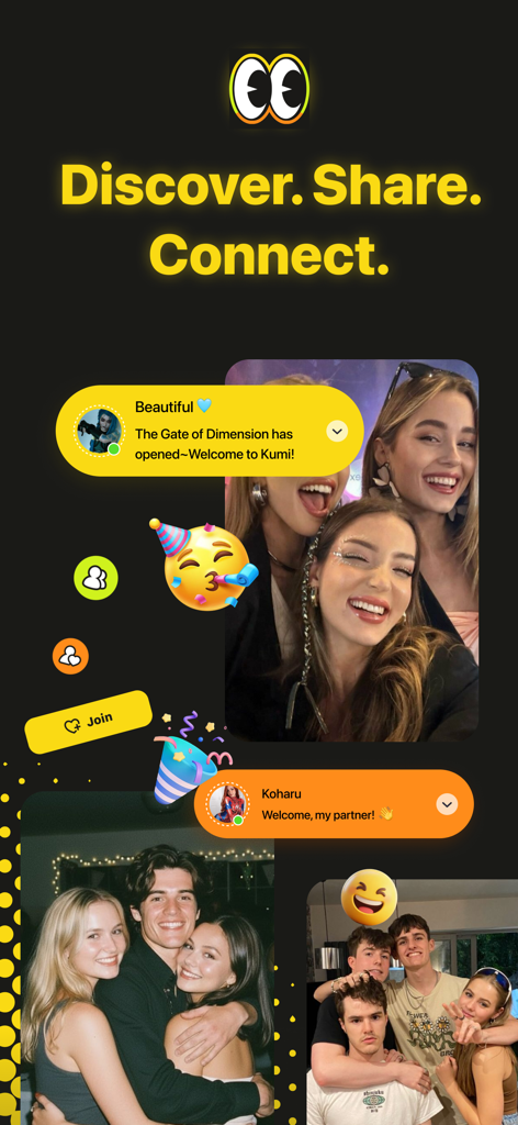 Kumi:Discover, Share, Connect - Promotional screen for Kumi social app featuring the slogan Discover Share Connect and photos of friends