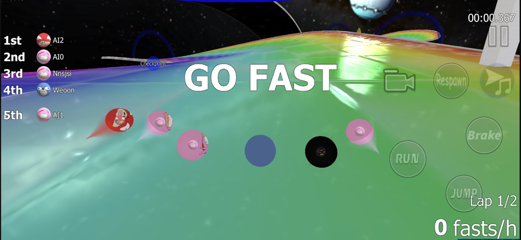 Sanic Ball - Sanic Ball gameplay screenshot showing meme characters racing on a rainbow track with GO FAST text