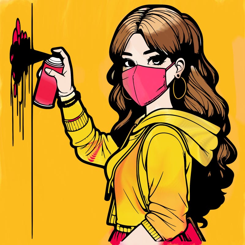 realistic girl with mask spray painting a wall