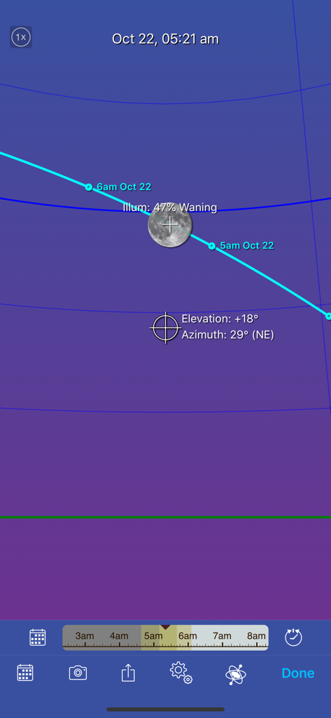 Moon Seeker app 3D augmented reality view showing the lunar path elevation and azimuth data