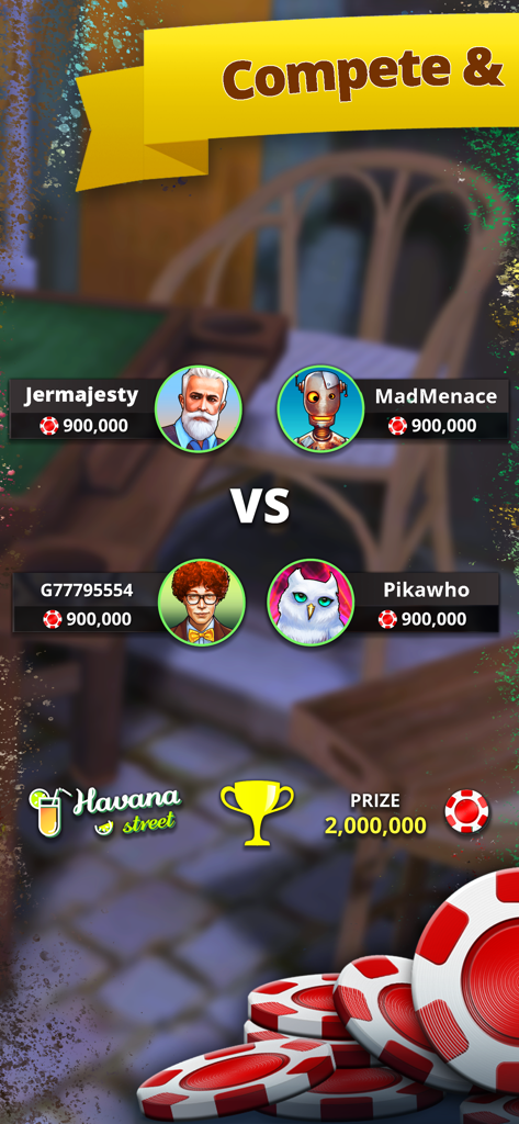 Domino Master - Dominoes Game - A 4-player team match screen in Domino Master showing avatars and a 2 million chip prize pool.