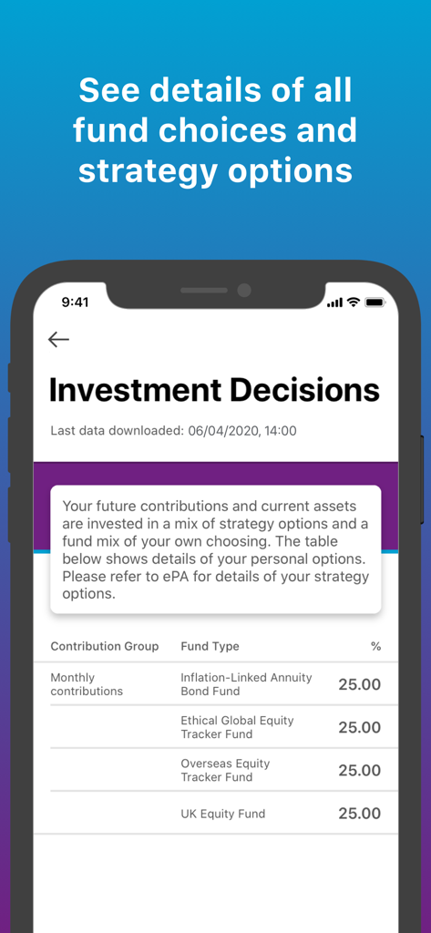 Track My Pension - Track My Pension app showing investment decisions and fund allocation