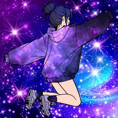 realistic girl jumping with a bun and oversized sweatshirt