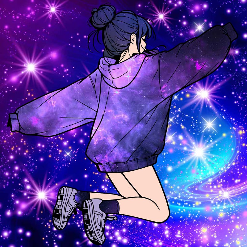realistic girl jumping with a bun and oversized sweatshirt