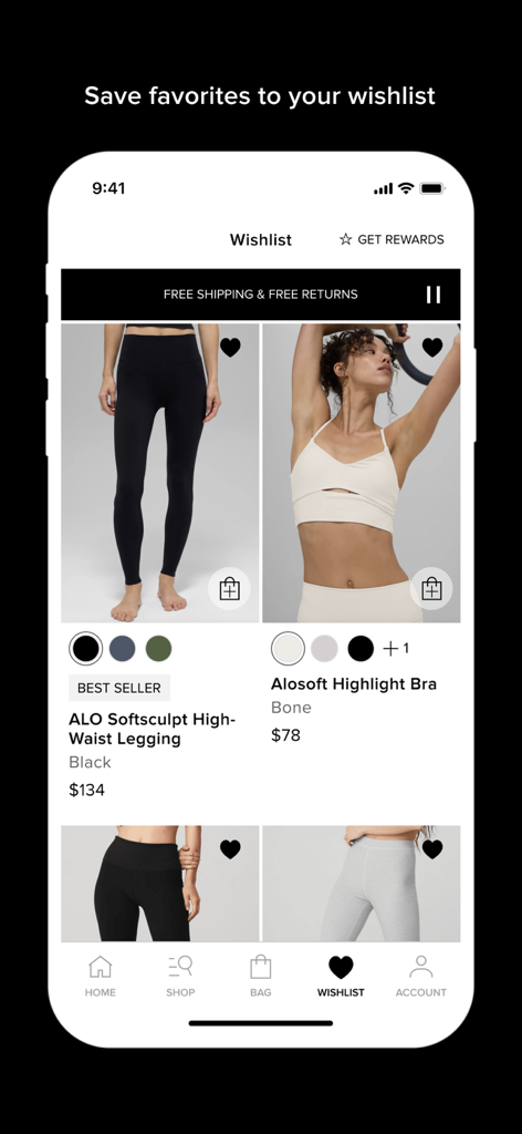 ALO - The Alo mobile app wishlist screen displaying saved yoga apparel and a rewards link.