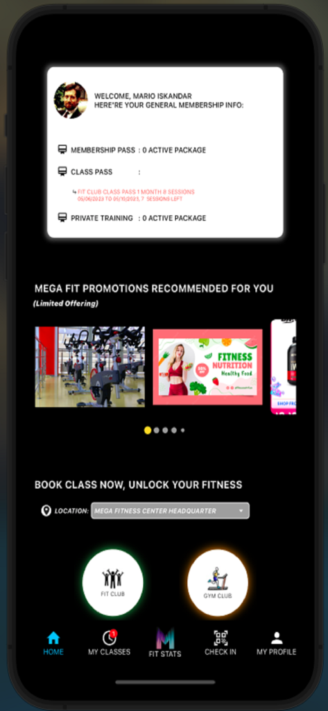 Pantalla principal de la aplicación Mega Fitness Center que muestra información de membresía y opciones de reserva de clases de gimnasio