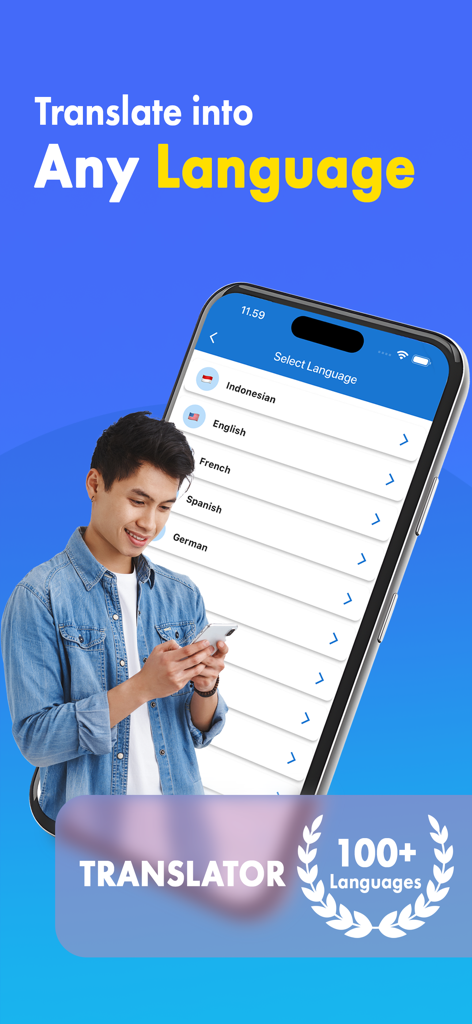 Un hombre usando la aplicación de traductor IA que muestra una lista de más de 100 idiomas compatibles para la traducción.