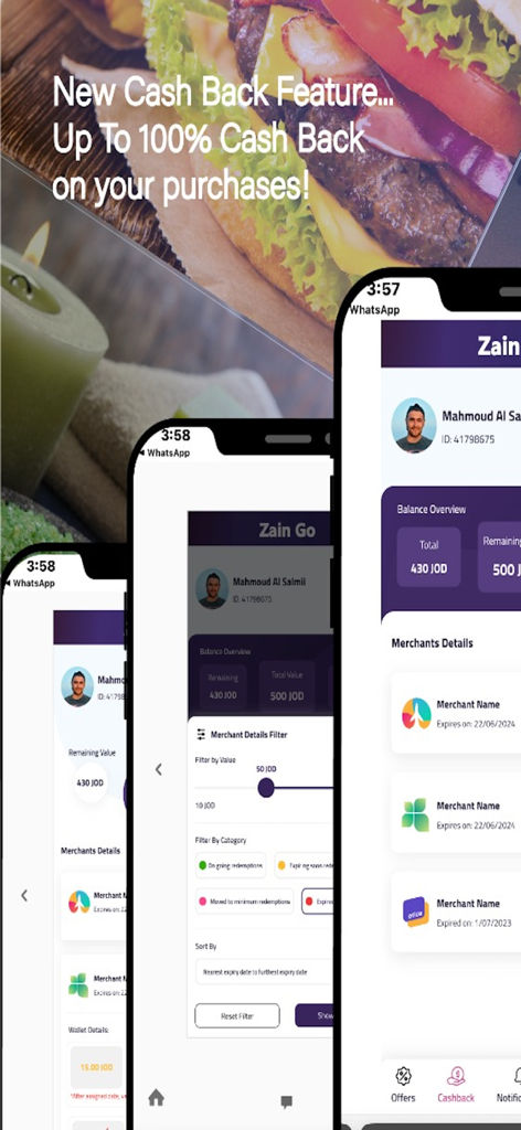 Meeza - Mobile screenshots of the Meeza app showcasing its cashback features and merchant discount listings on iPhone.