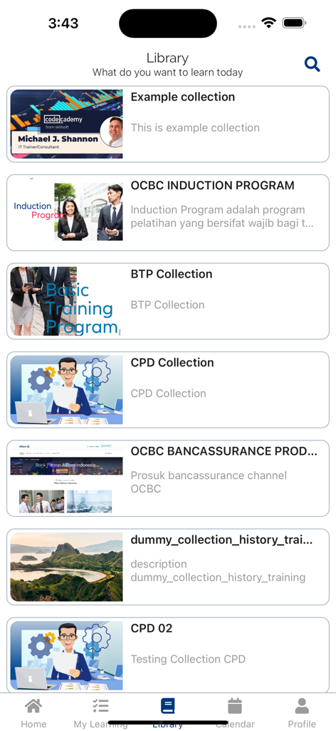 Allianz Learn - Allianz Learn app library interface listing corporate training programs and induction modules.