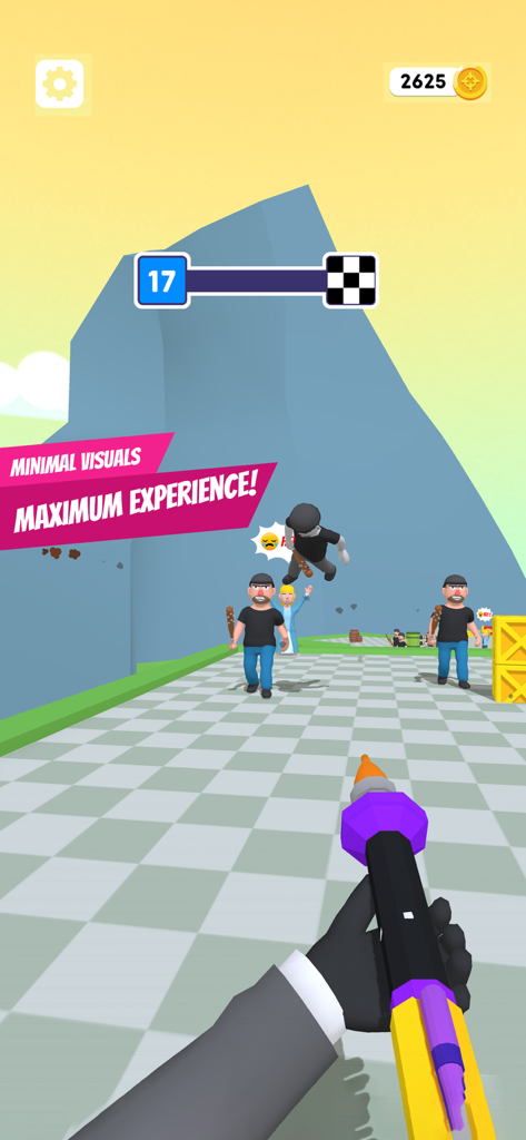 Gameplay screenshot of Throwmaster Target Hit showing a first person view of a rescue mission with enemies and stylized 3D graphics